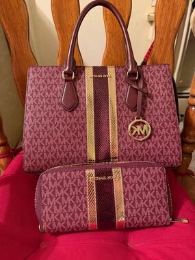 Michael Kors Burgundy Monogram Satchel and Wallet with Gold Stripe Accents